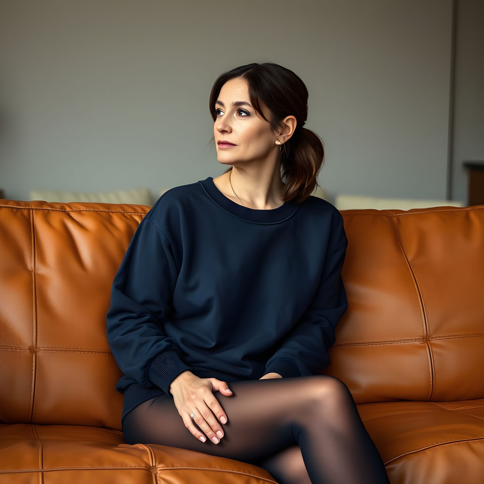 Woman in Contemplative Mood on Brown Leather Couch