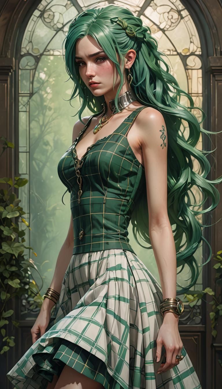 Glamorous Woman in Plaid, Wild Hair, and Voluminous Lighting