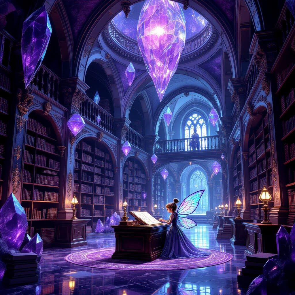 Opulent Underground Crystal Library with Faerie Archivist