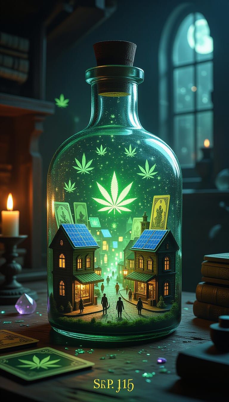 Miniature Cannabis Metropolis in Glass Bottle