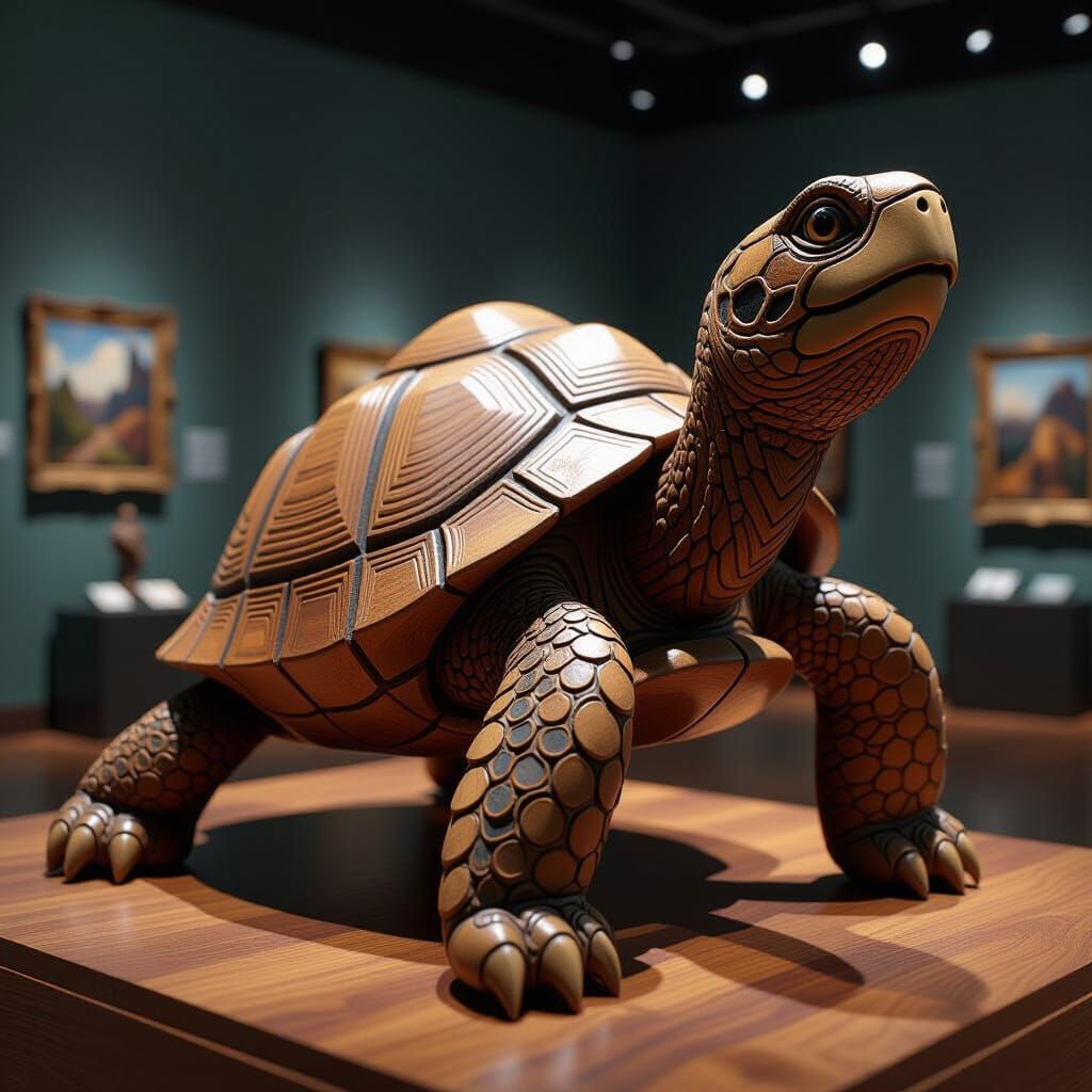 Detailed Wood Carved Turtle Sculpture in Museum