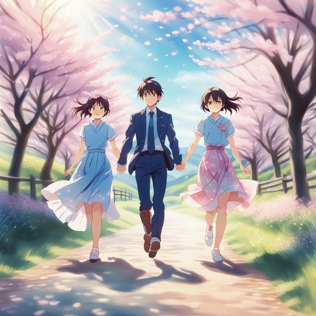 Shinichi and Ran in Anime-Style Cherry Blossom Scene