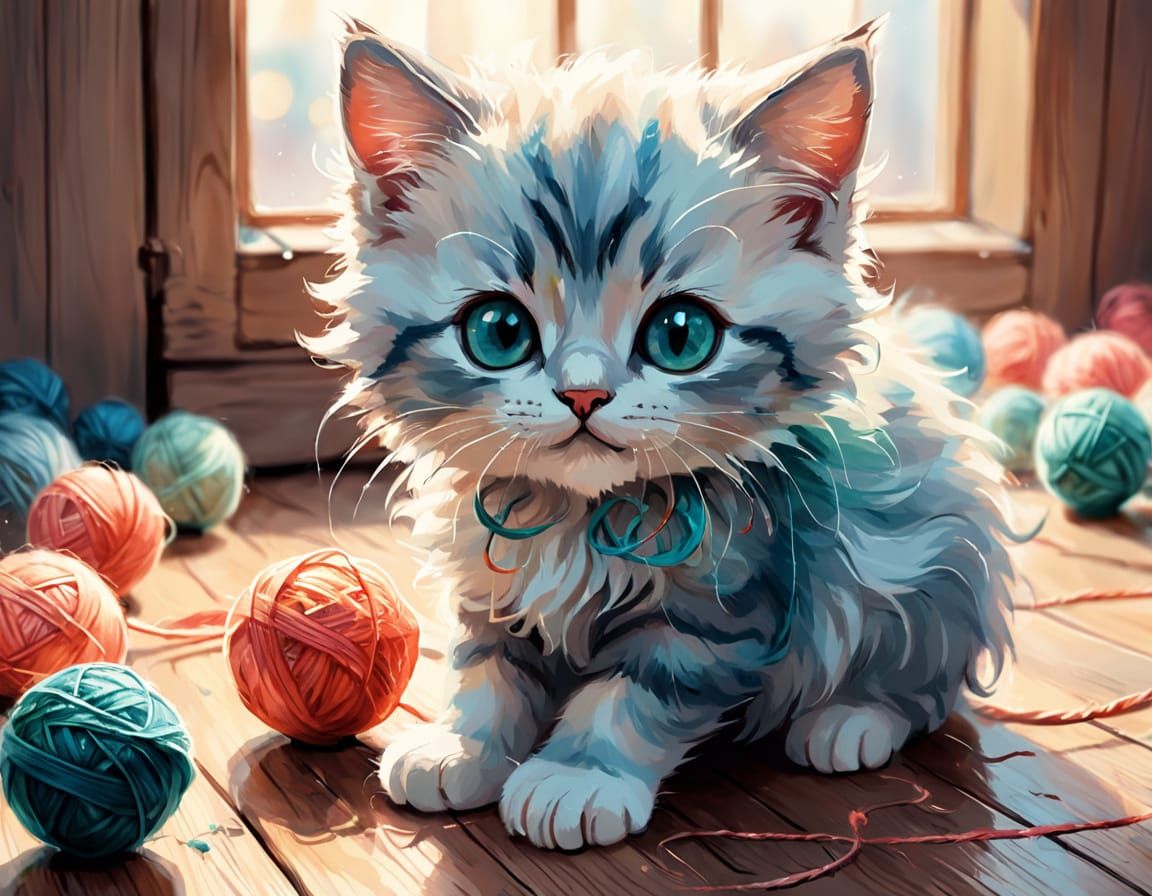 Whimsical Watercolor Kitten Plays with Yarn