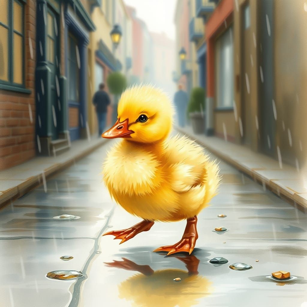 Whimsical Duckling Waddles Through Rainy Street in Beatrix P...