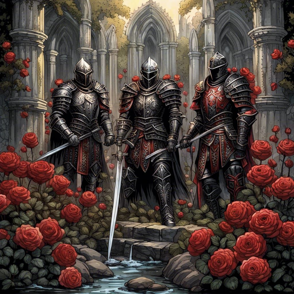 Gothic Knights in Crimson Rose Garden