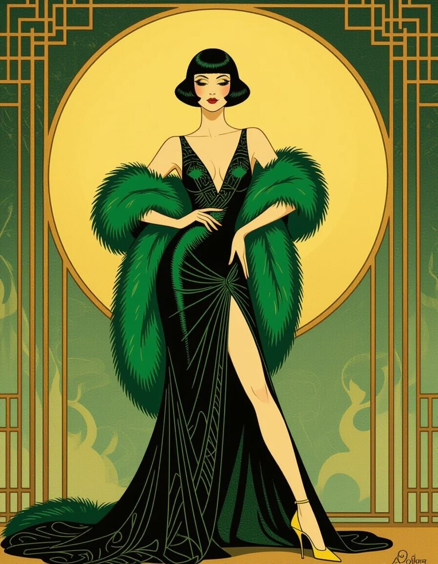 Art Deco Woman with Green Boa and Moon