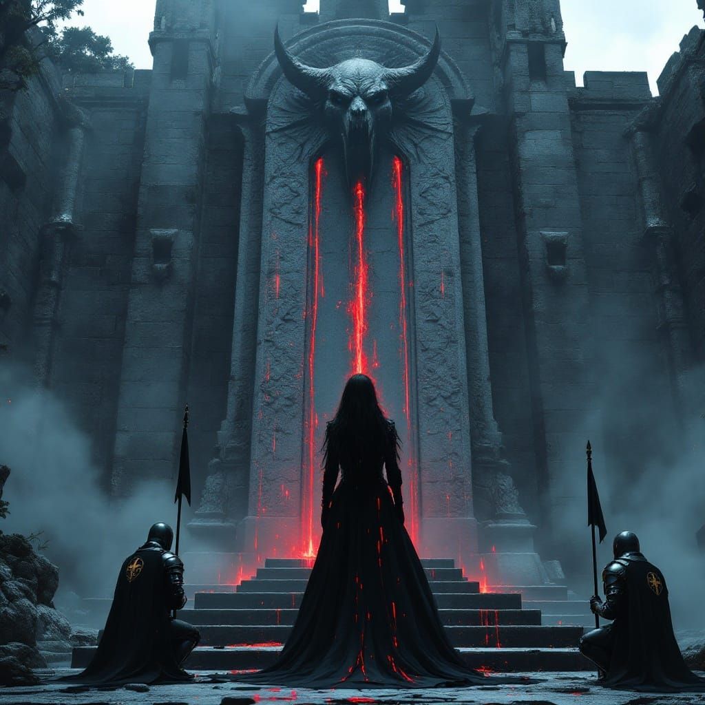 Sorrowful Woman at Knight's Tomb in Dark Fantasy