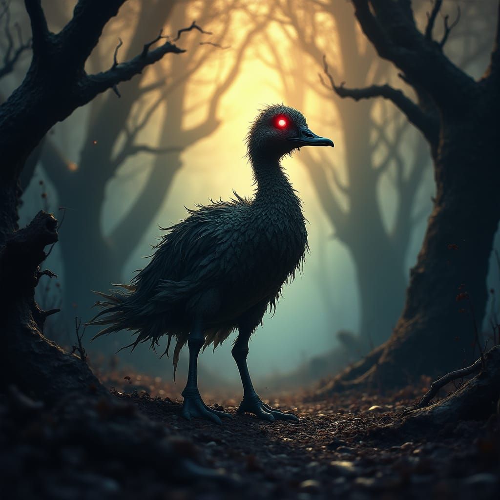Dark Surreal Forest Scene with Zombie Duck