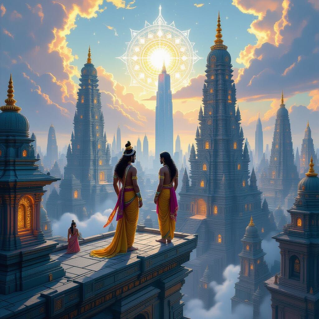 Arjuna and Krishna in Futuristic Indian Cityscape