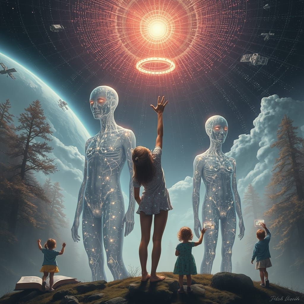 Techno-Surreal Humanoids in Pixelating Forest