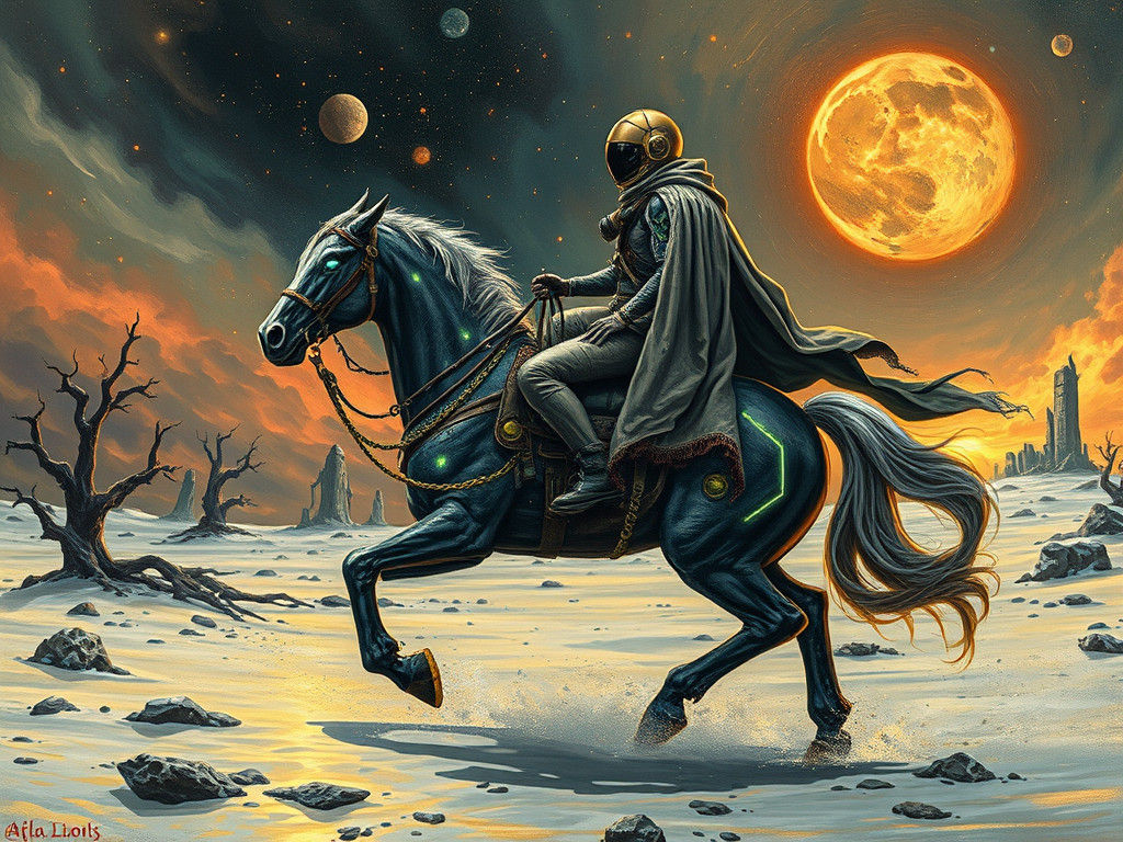 Astronaut Rides Mutated Horse in Nuclear Winter Wonderland