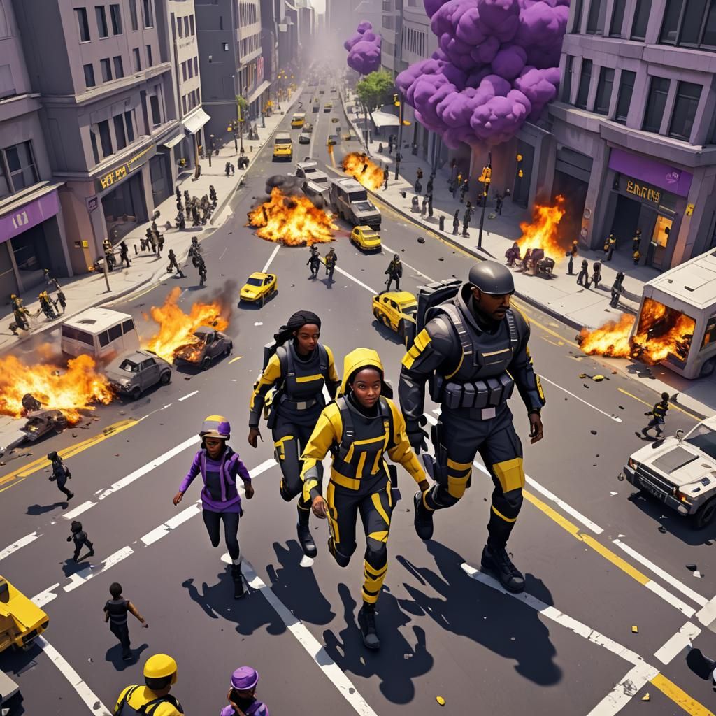 Soldiers and Children in Burning City: Low Poly 3D Art