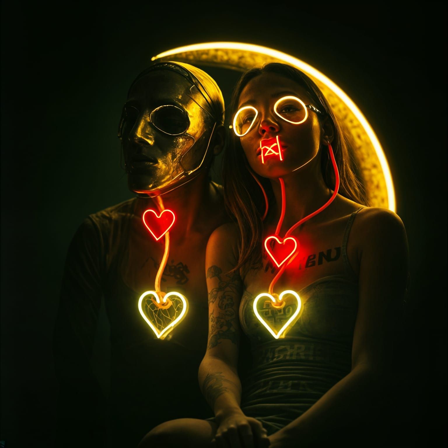 Sci-Fi Couple on Crescent Moon in Shadows