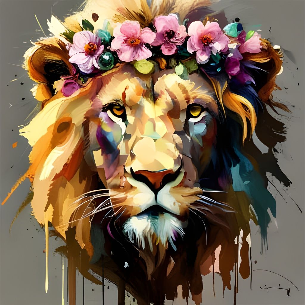 Majestic Lion with Flower Crown in Oil