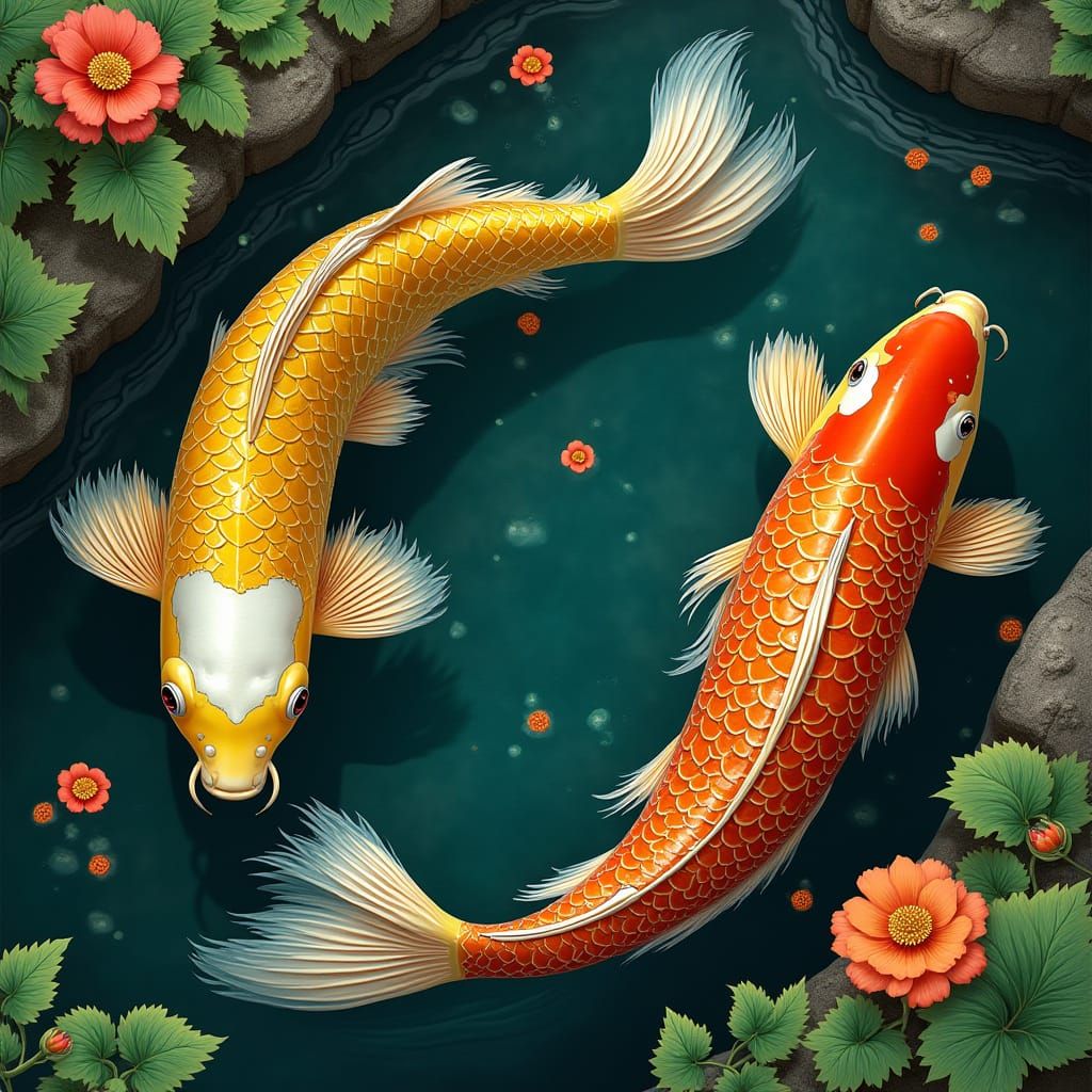 Vibrant Cloisonne Koi in Japanese Garden Pond