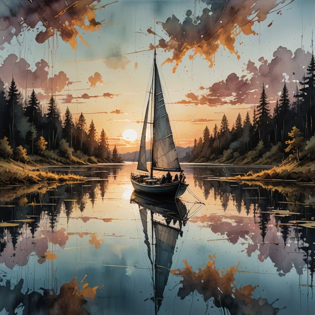 Sunset Silhouette: Sailing Boat on Serene Lake