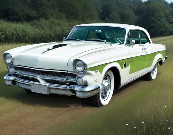 Classic White Sedan in Green Field, Ultrarealistic