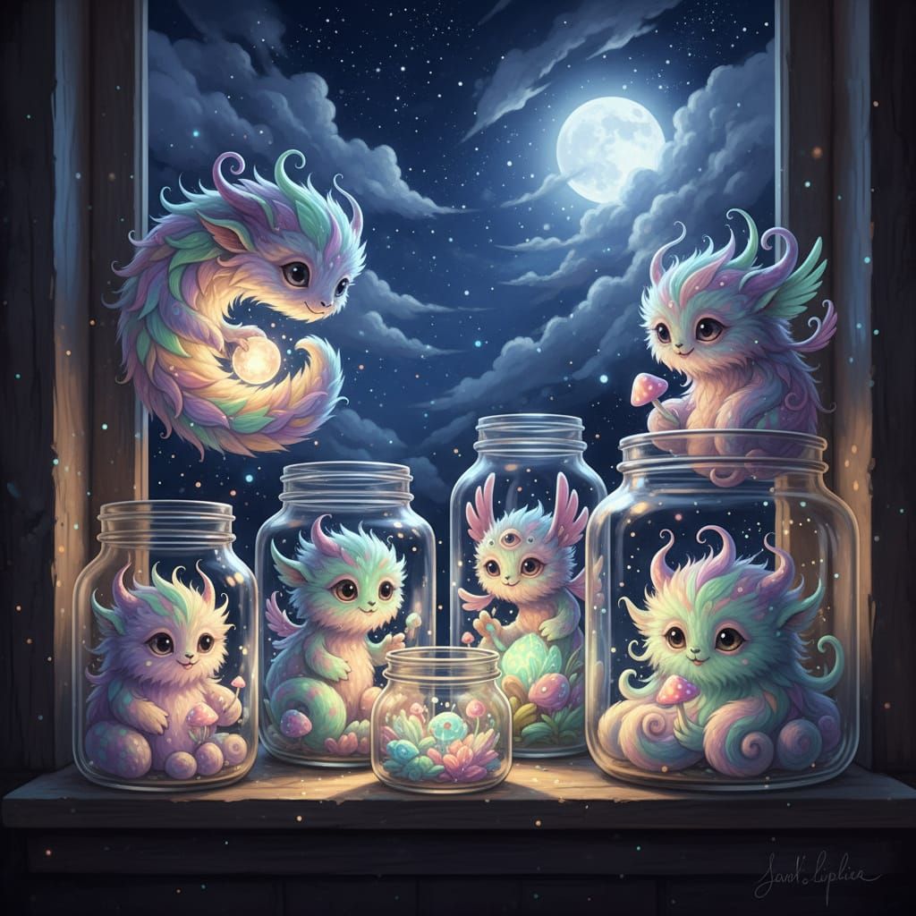 Whimsical Monsters in Glass Jars Under Starry Night Sky