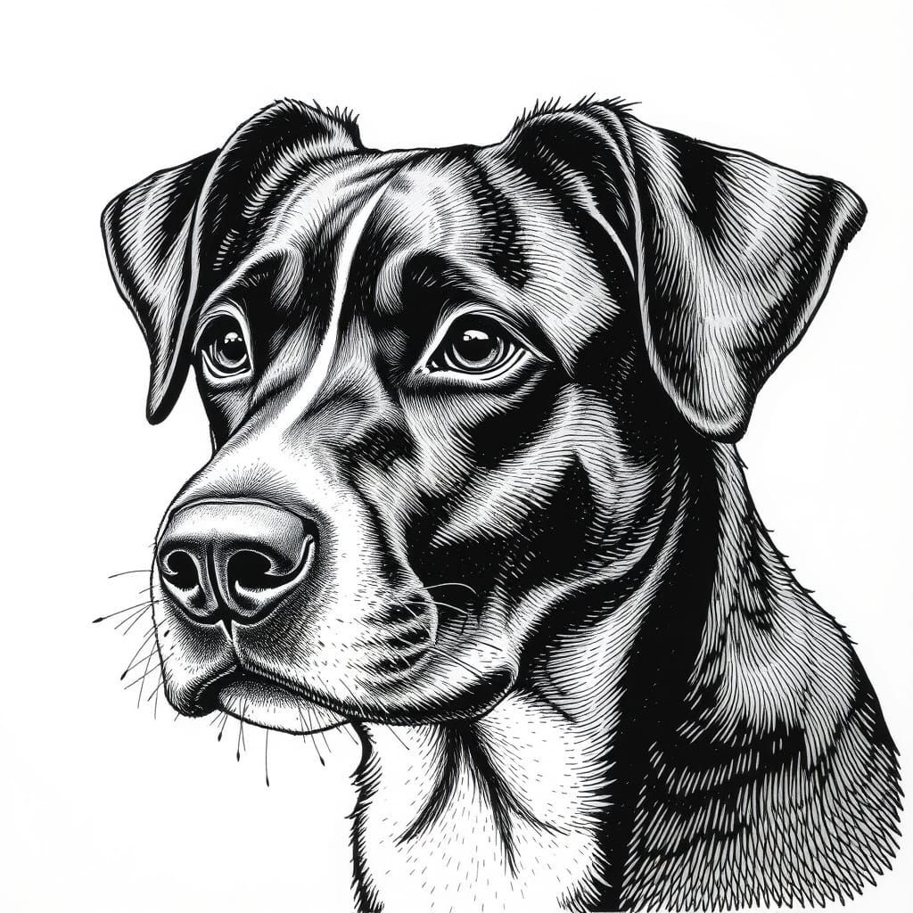 Intricately Detailed Dog Portrait in Stippling Style