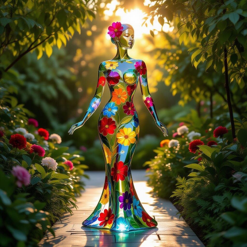Glass Woman Filled With Vibrant Flowers in Golden Light