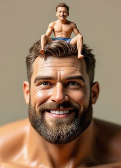 Miniature Man on Giant's Shoulder: Hyper-Realistic