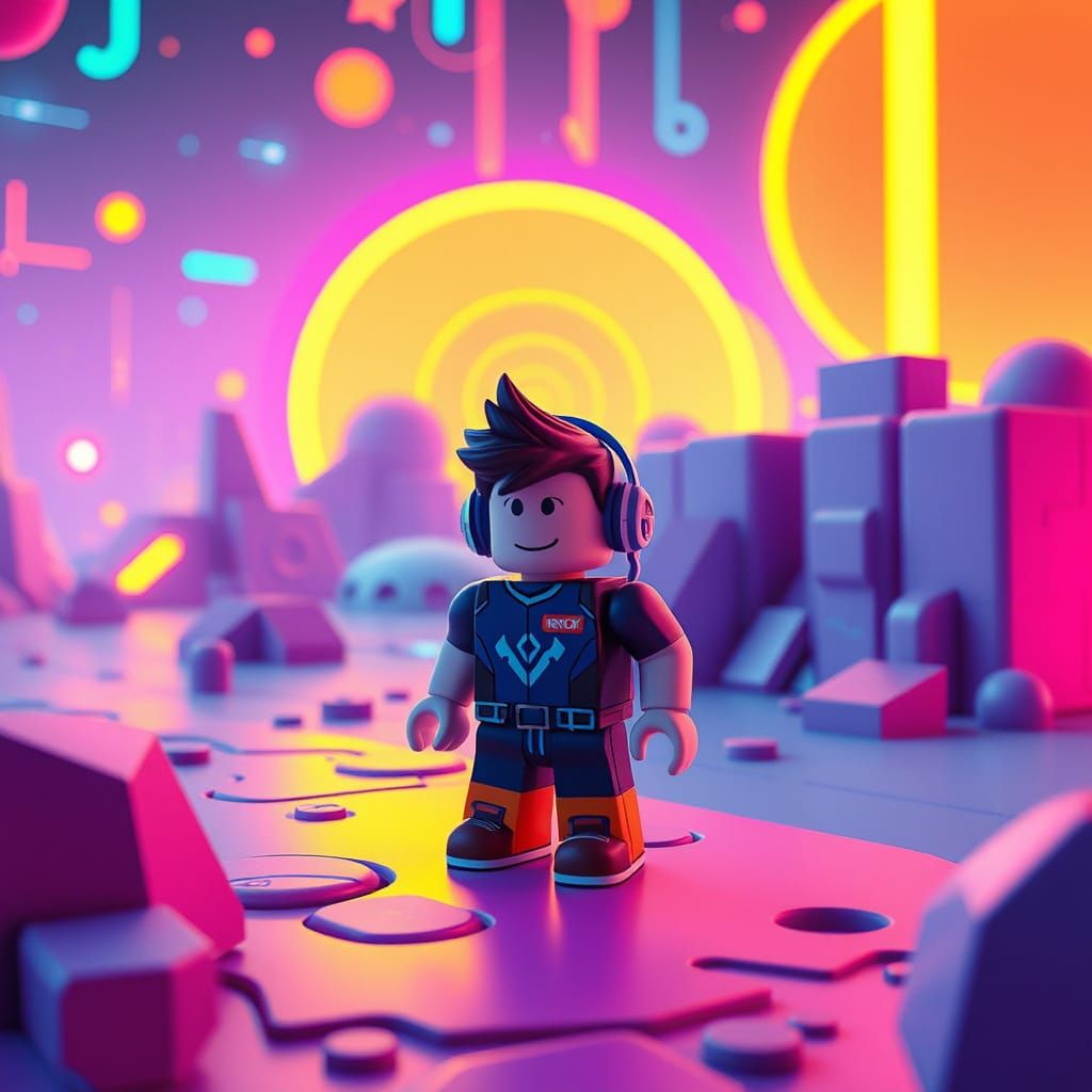 Futuristic Roblox Avatar in Neon-Lit Low-Poly Landscape