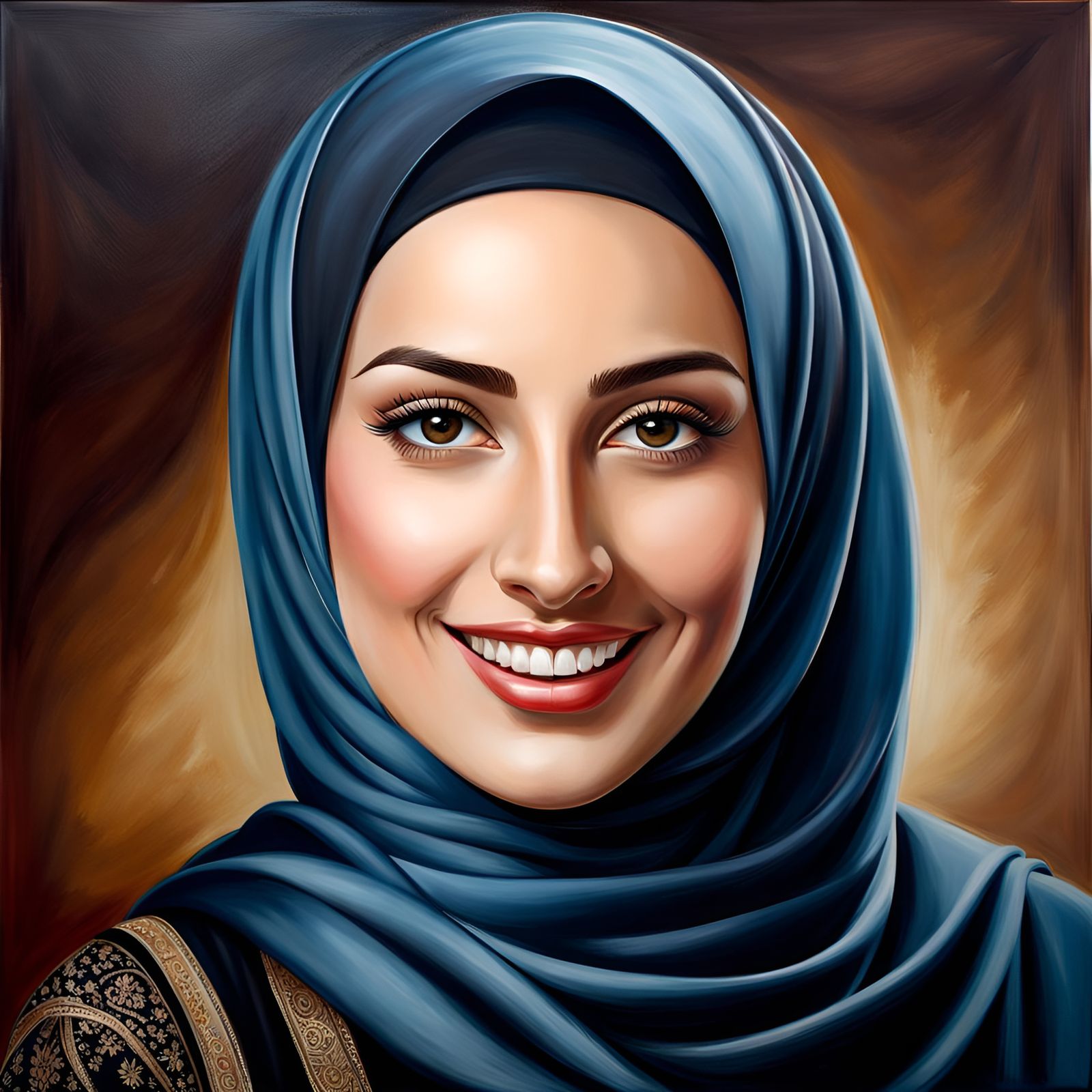 Elegant Young Woman in Hijab: Realistic Oil Painting