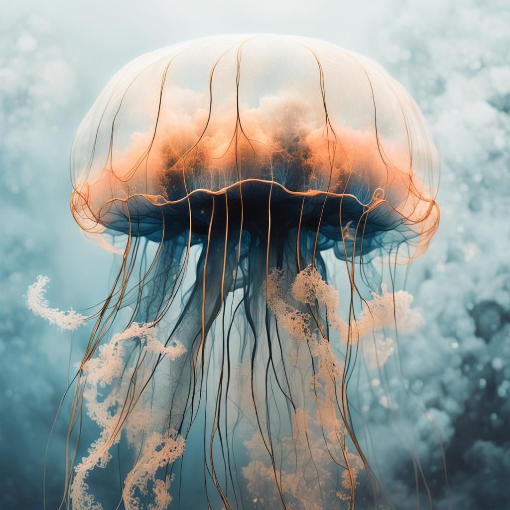 Ghostly Jellyfish Portrait with Gold Filigree in 8K