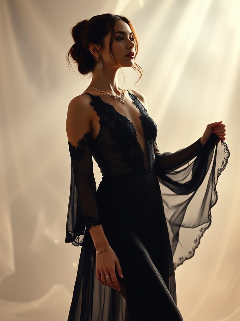 Ethereal Woman in Black Catsuit, Whimsical Atmosphere