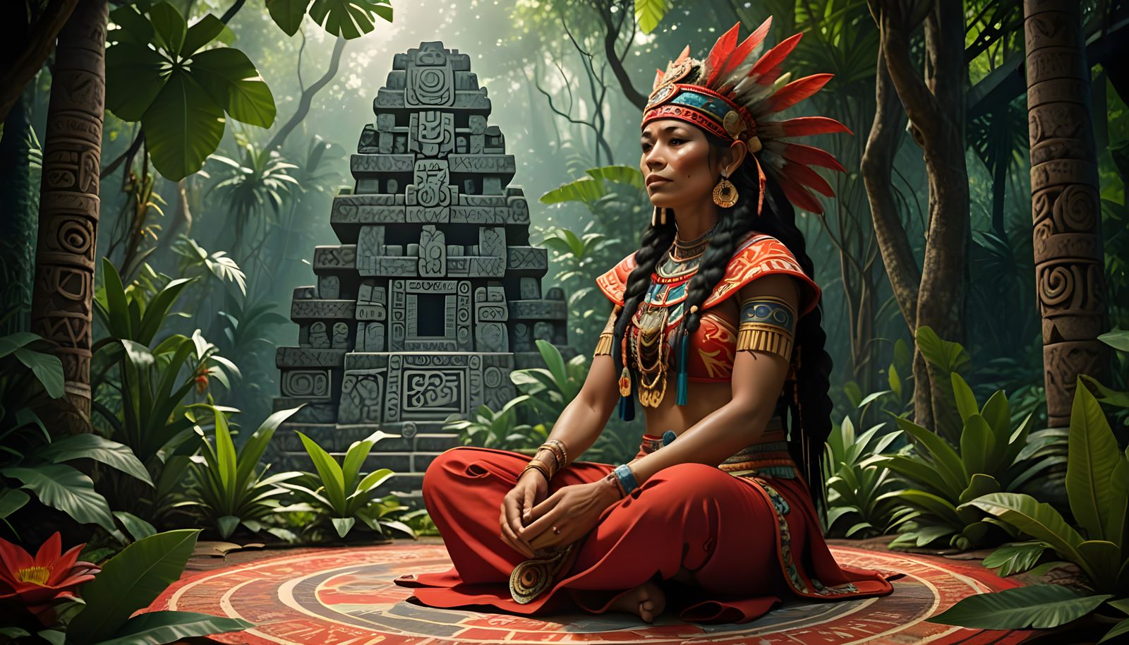 A beautiful, wise and introspective Mayan priestess, adorned in traditional ceremonial attire, including a intricate hea...