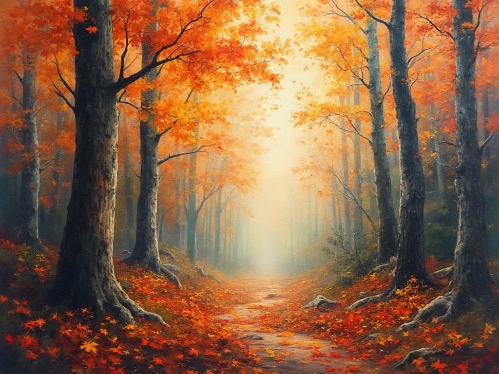 Autumnal Woodland in Gouache Style