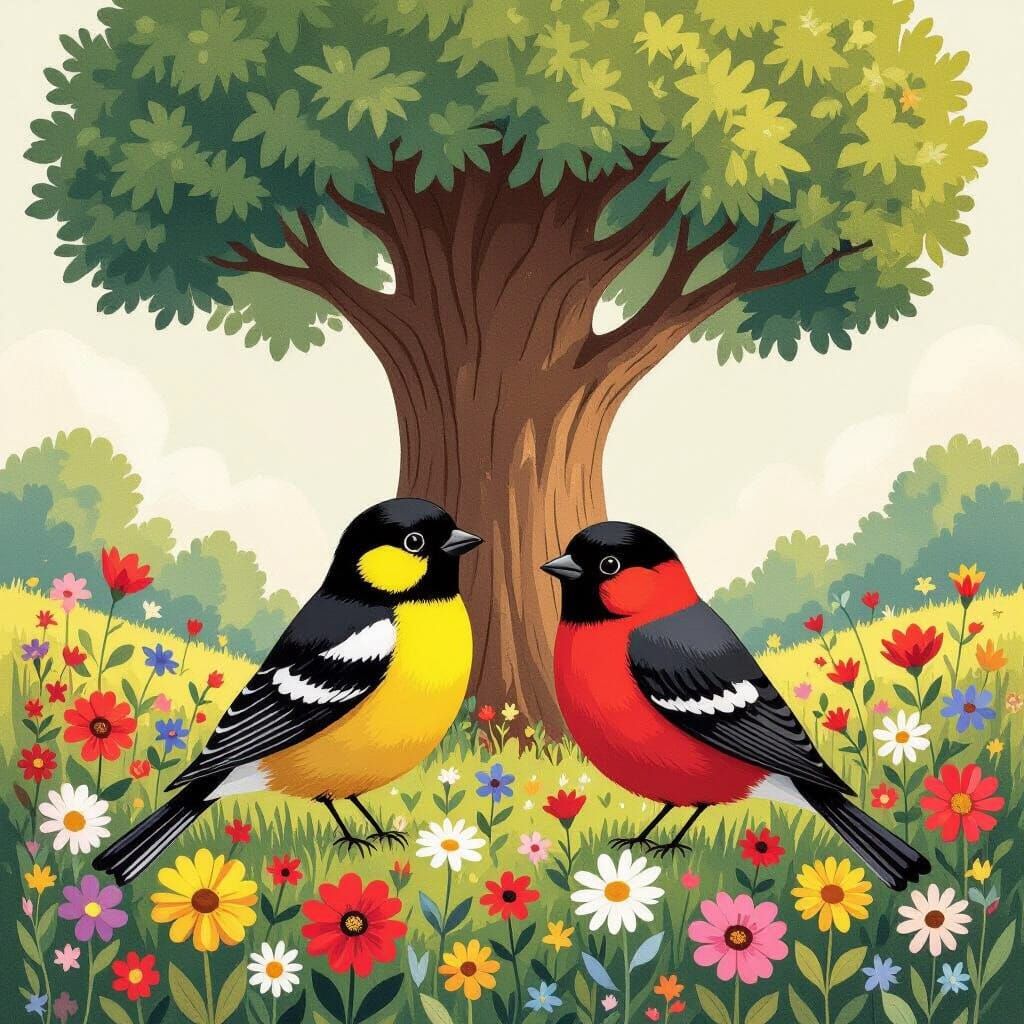 Two Birds in Wildflowers Beside a Majestic Tree