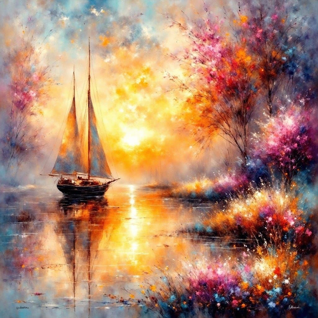 Impressionistic Woman Gazing at Distant Sailboats at Sunset