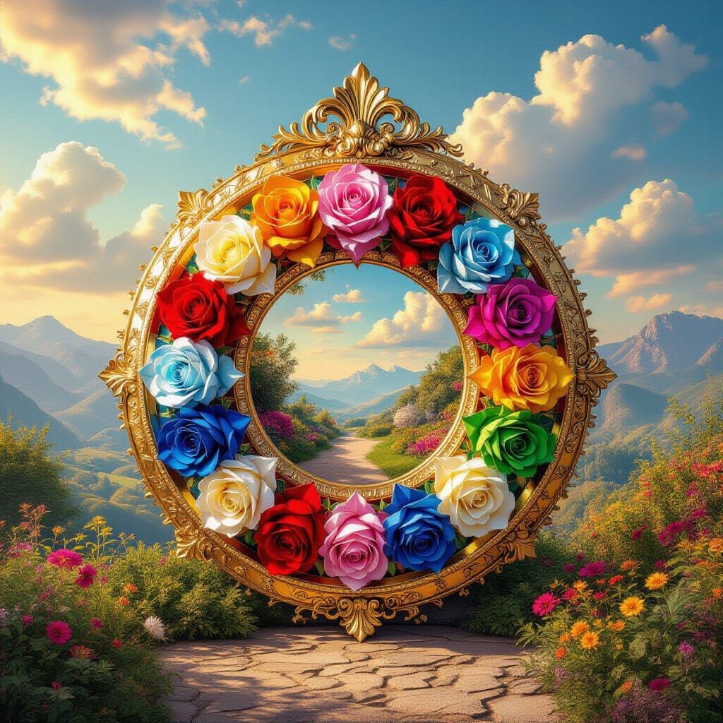 Vibrant Rose Window in Golden Medallion with Paradise Landsc...