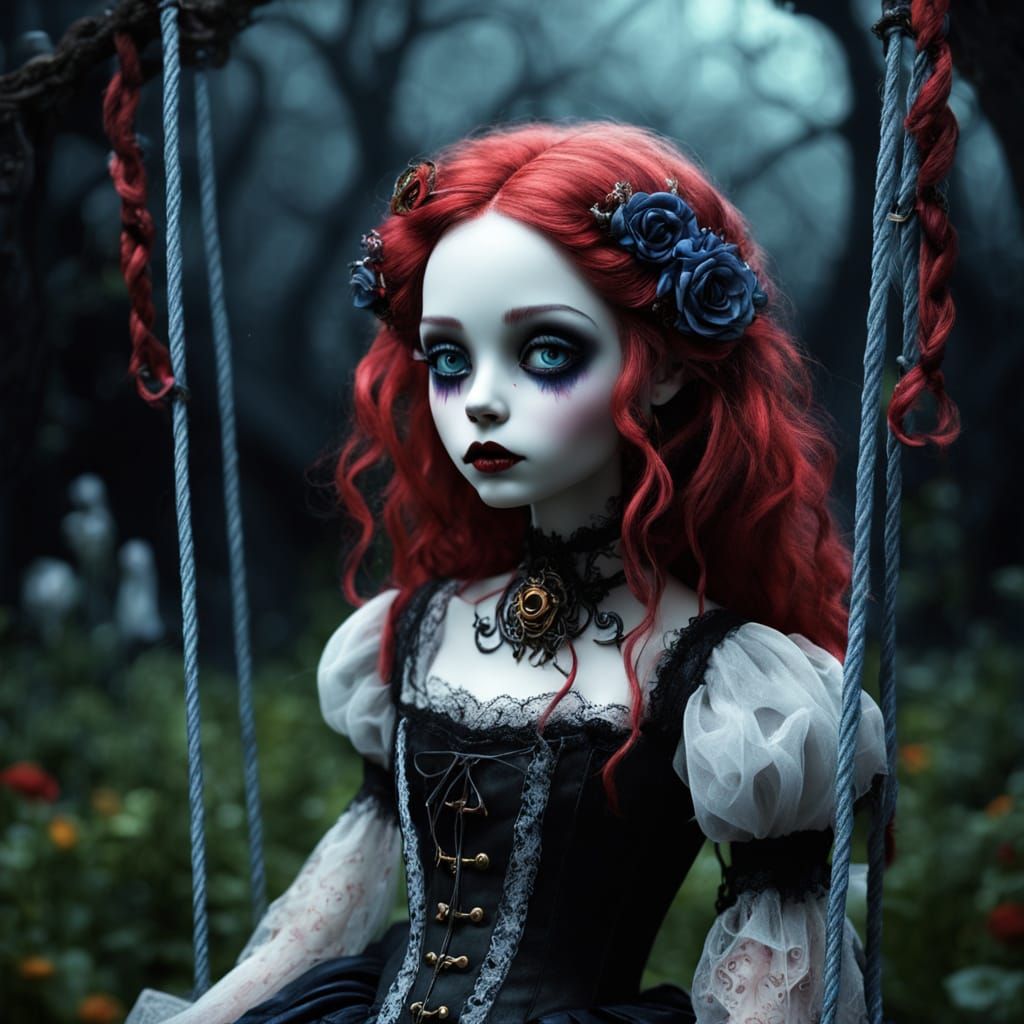 Surreal Gothic Doll on Vintage Swing