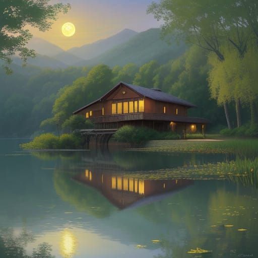 Surreal Italian Lakeside Scene at Dusk with Golden Light and...