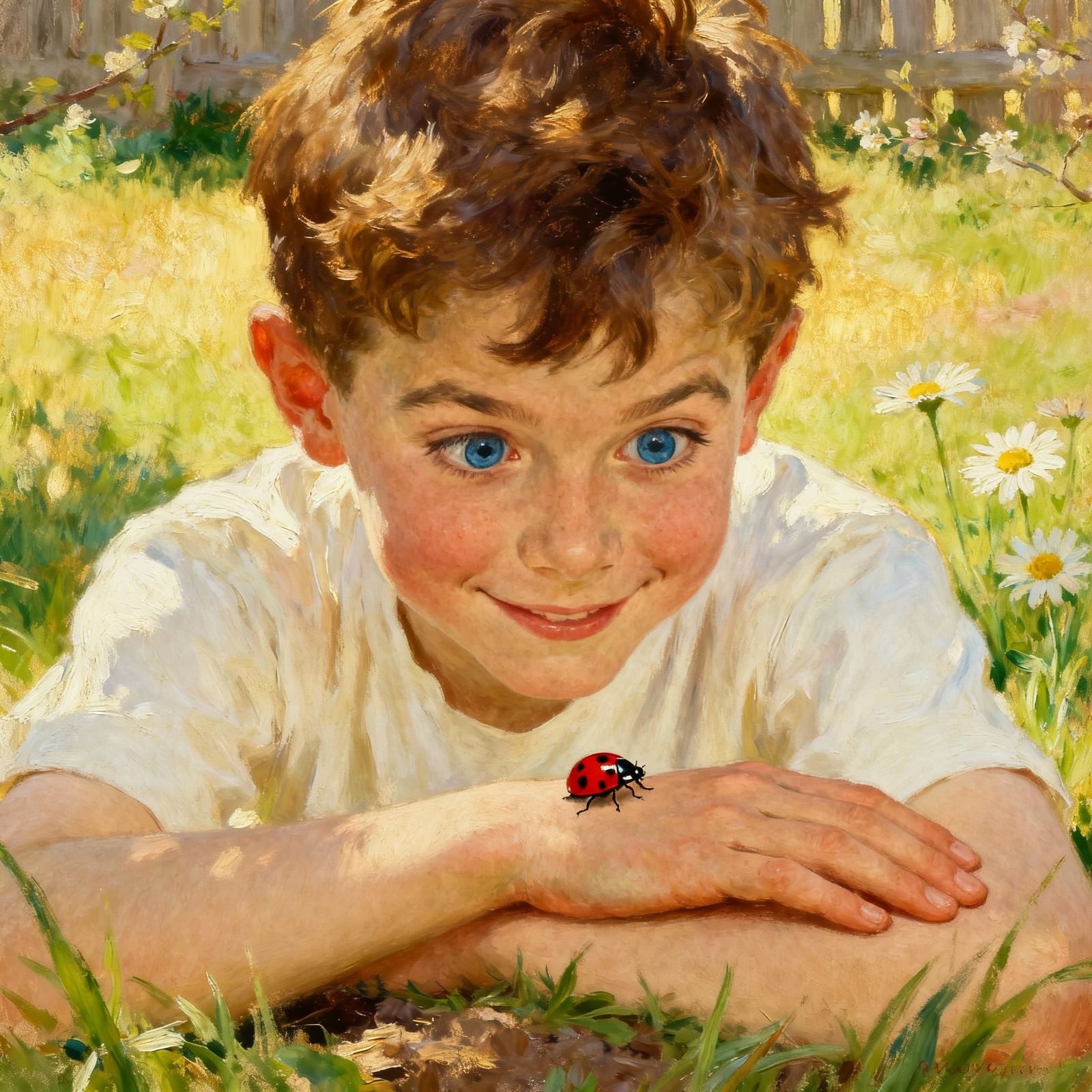 Boy's Wonder Observing Ladybug on Hand, Rockwell Style
