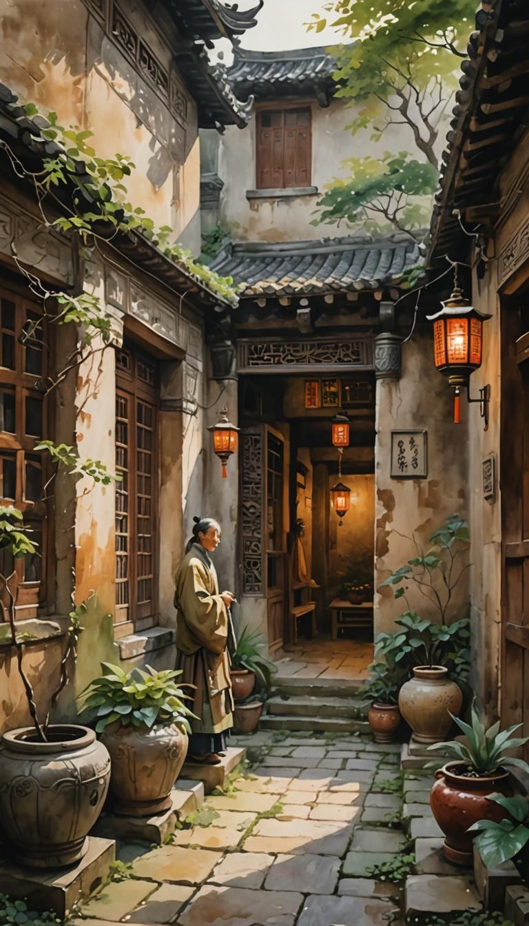 Ancient Chinese Courtyard in Watercolor Style