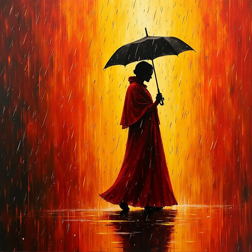 Woman in Red Robe Waits Under Heavy Rain