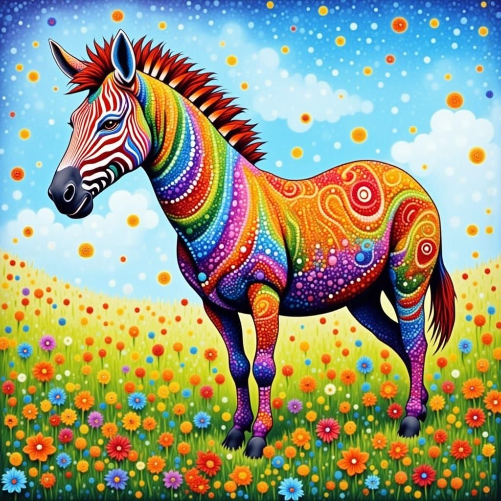 Rainbow Zebra in Grassy Field: Pointillism Style