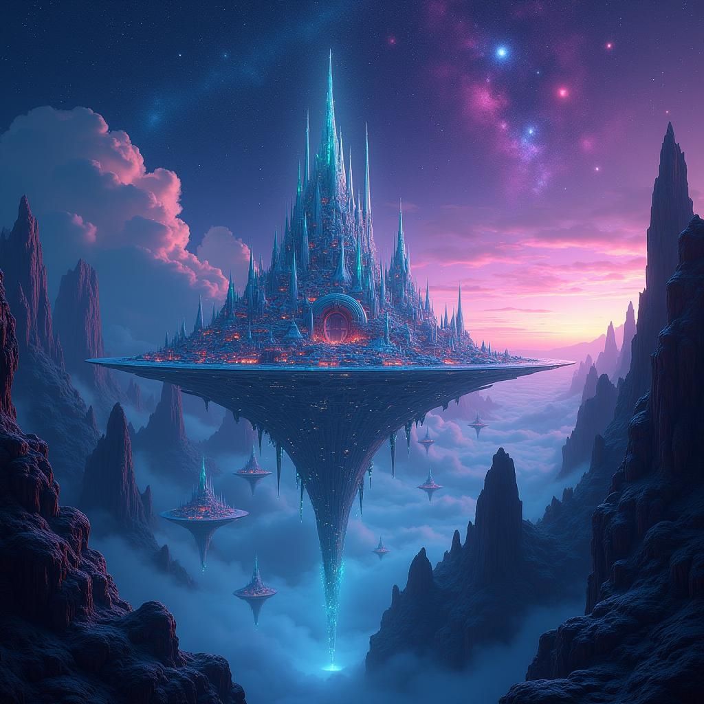 Iridescent Floating City in Neon Forest Galaxy