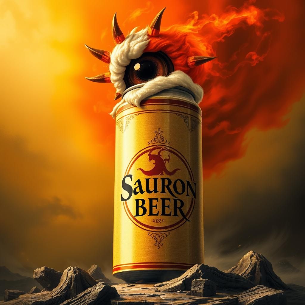 A giant beverage can with the inscription ‘Sauron Beer,’ abo...