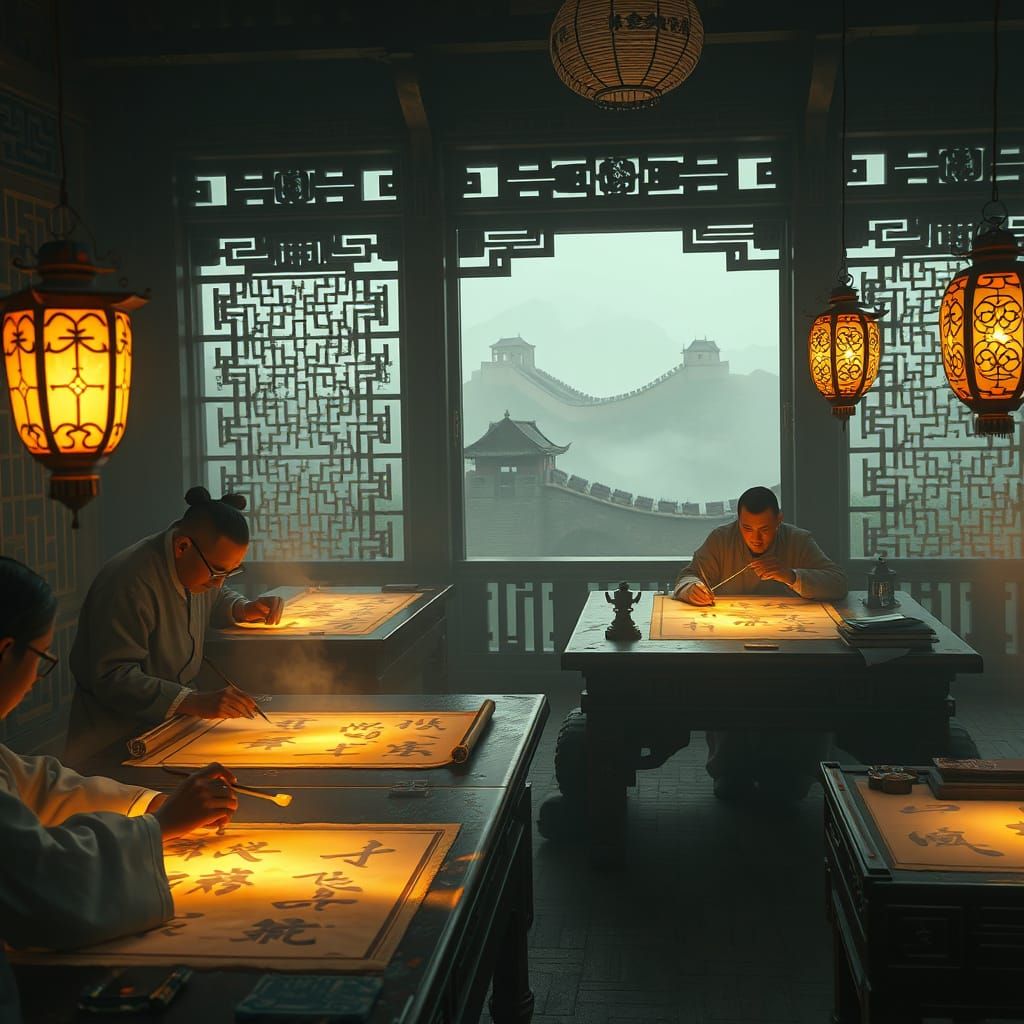 Scholars Practice Calligraphy on Glowing Scrolls Amidst Anci...