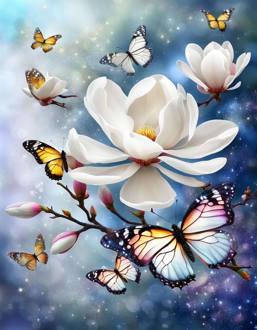 White Magnolias and Butterflies in 3D Digital Art