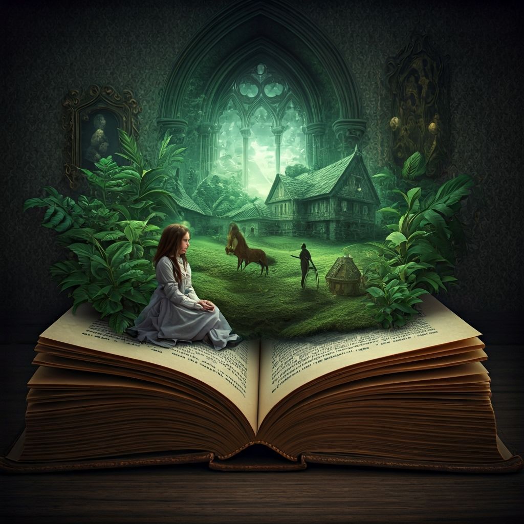 Girl in Ornate Book Room with Gothic Details