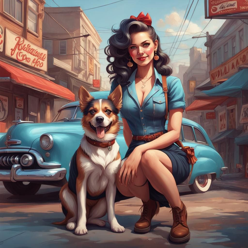 Rockabilly Girl and Dog Portrait in Detailed Digital Art