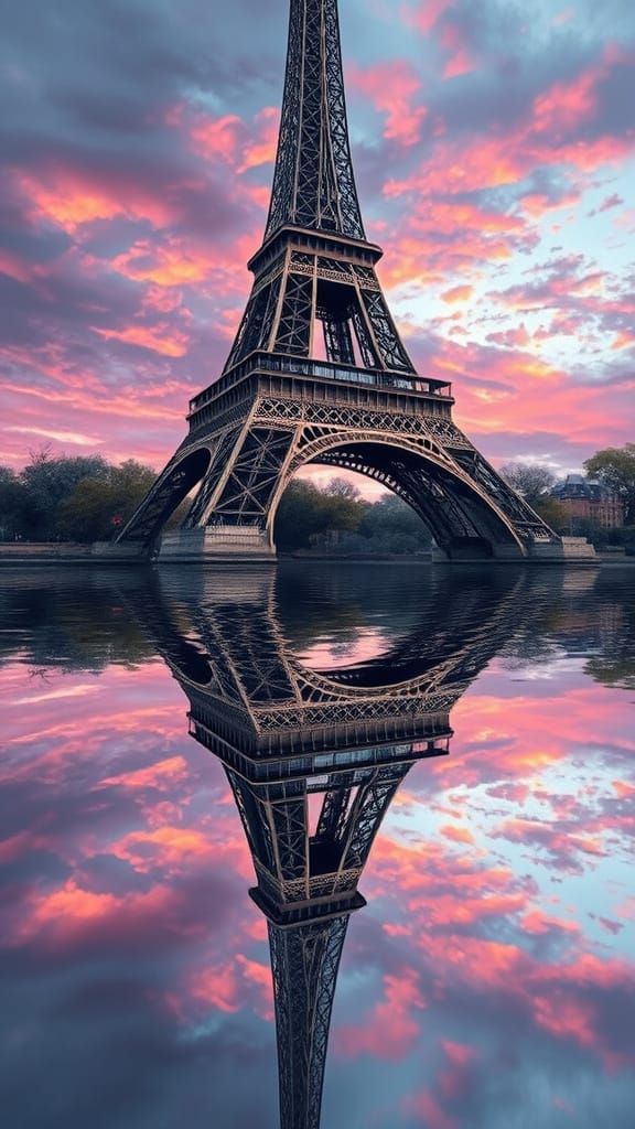 Eiffel Tower Reflection in Seine River: Hyperrealistic Art