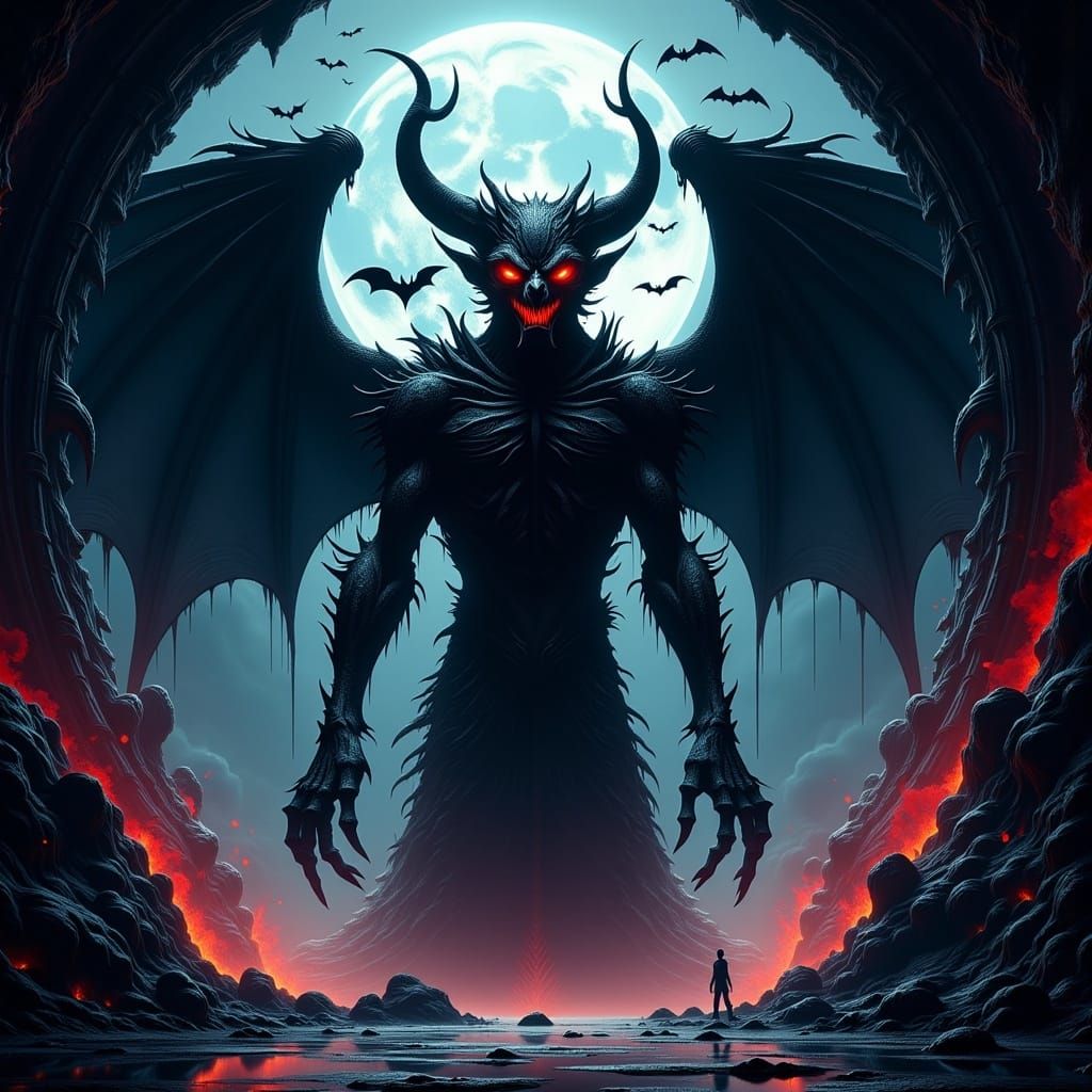 Demon Statue with Bats in Neo-Gothic Hangar