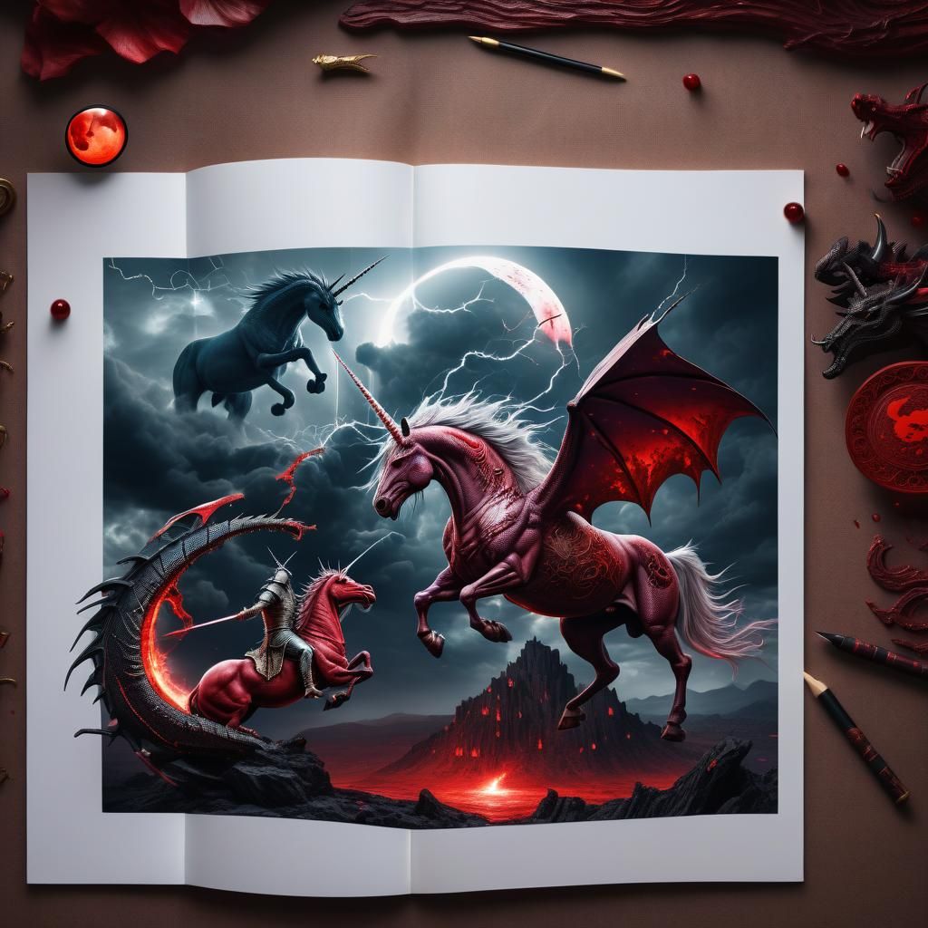 Epic Battle: Unicorn Versus Dragon Under Blood Moon