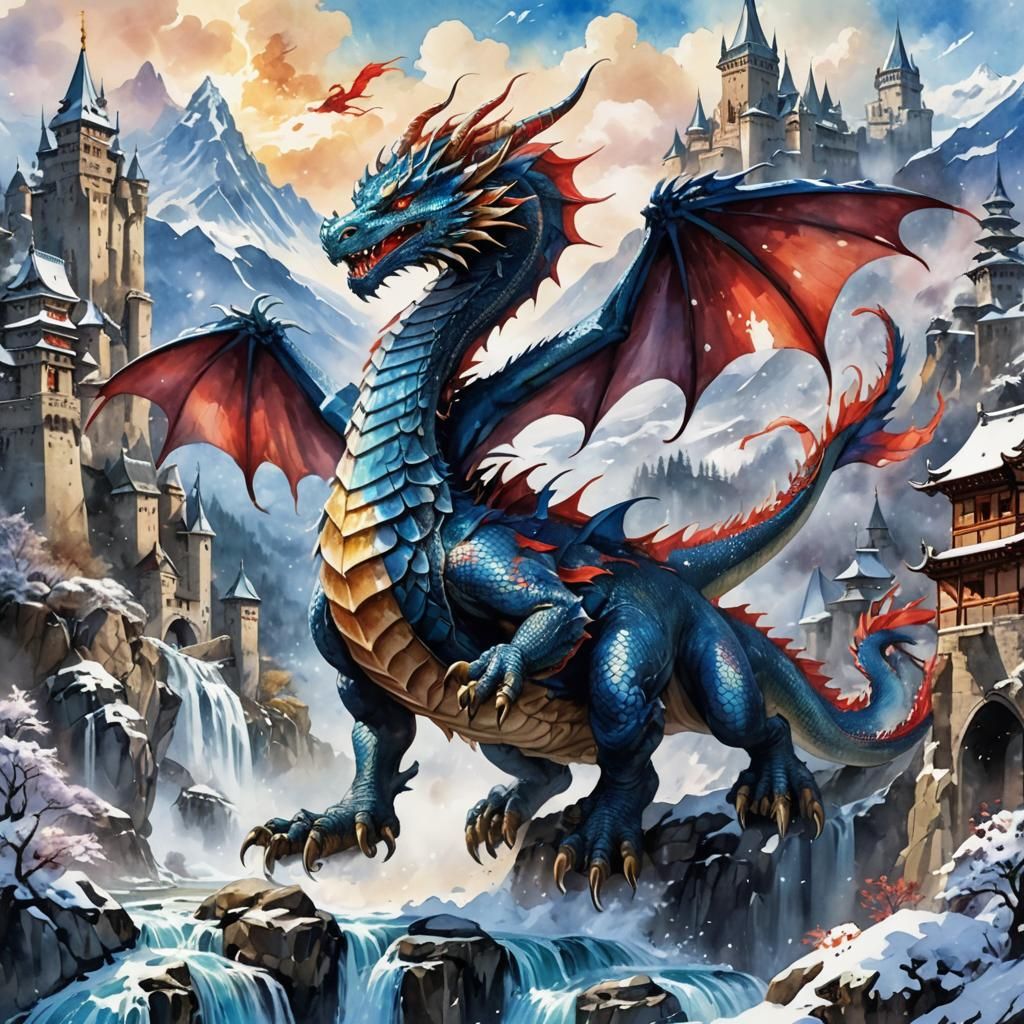 Majestic Dragon Soaring Over Castle: Anime Watercolor Art